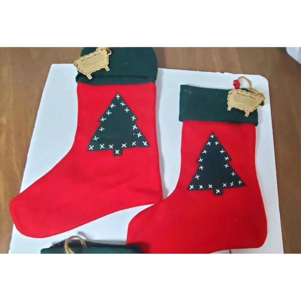 Set Of 4 Naturally‎ Wool Christmas Stockings With Green Cuffs & Tree Design